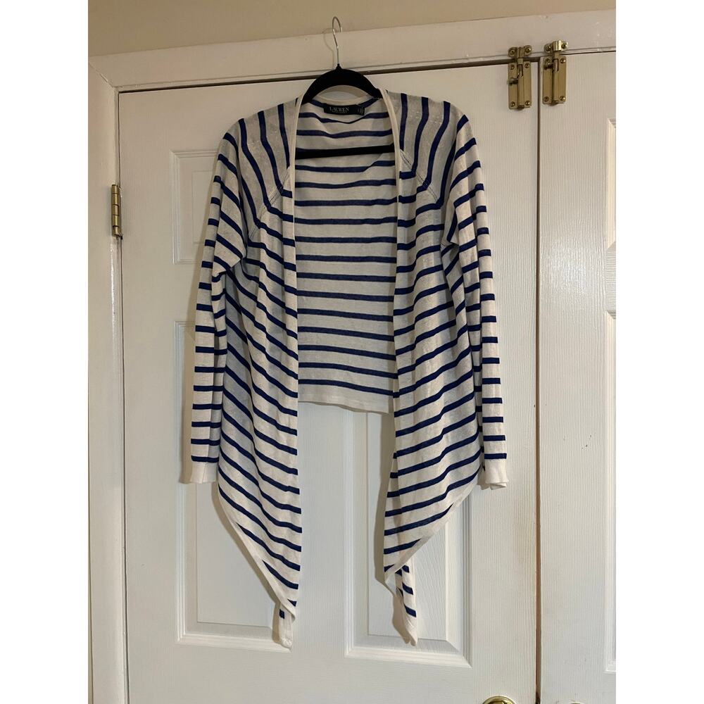 Lauren Ralph Lauren blue and white striped nautical old money draped cardigan L